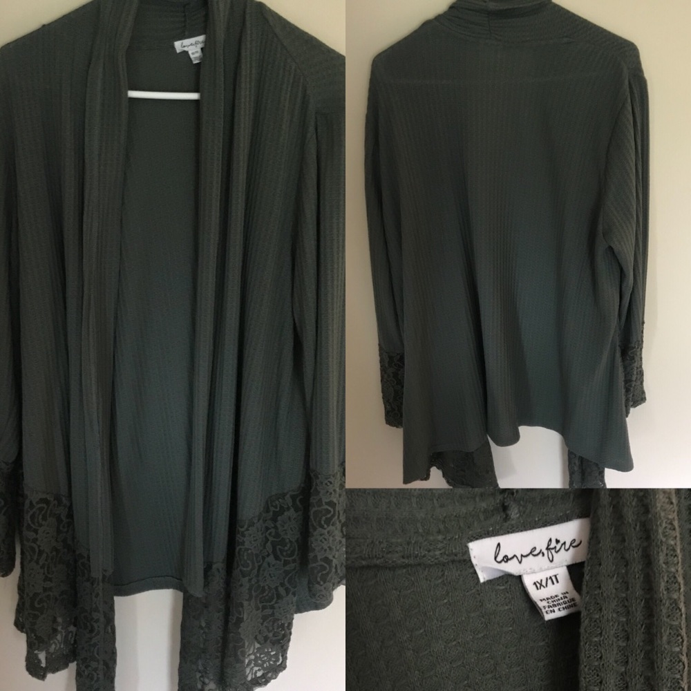Green lace trim cardigan.